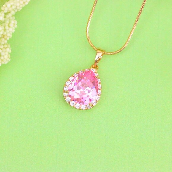 "Teardrop Pink Pendant with White Crystal Halo in Rose Gold Setting, XPPT1616 - Picture 2 of 13